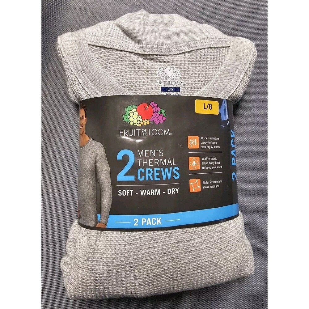 Fruit of the Loom 2 Pack Mens Thermal Crew Tops Gray Size Large L Wicks Moisture